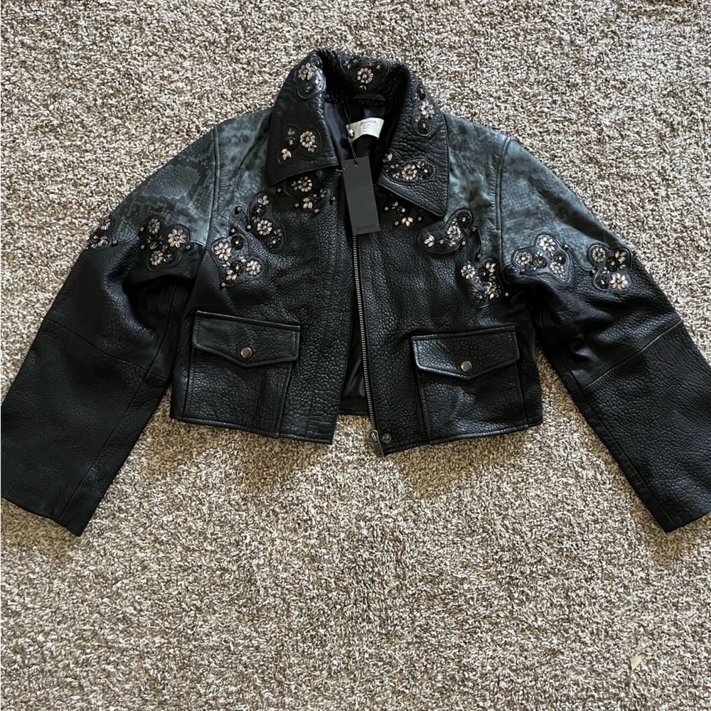 One Teaspoon Black Leather Jacket with Embellishments